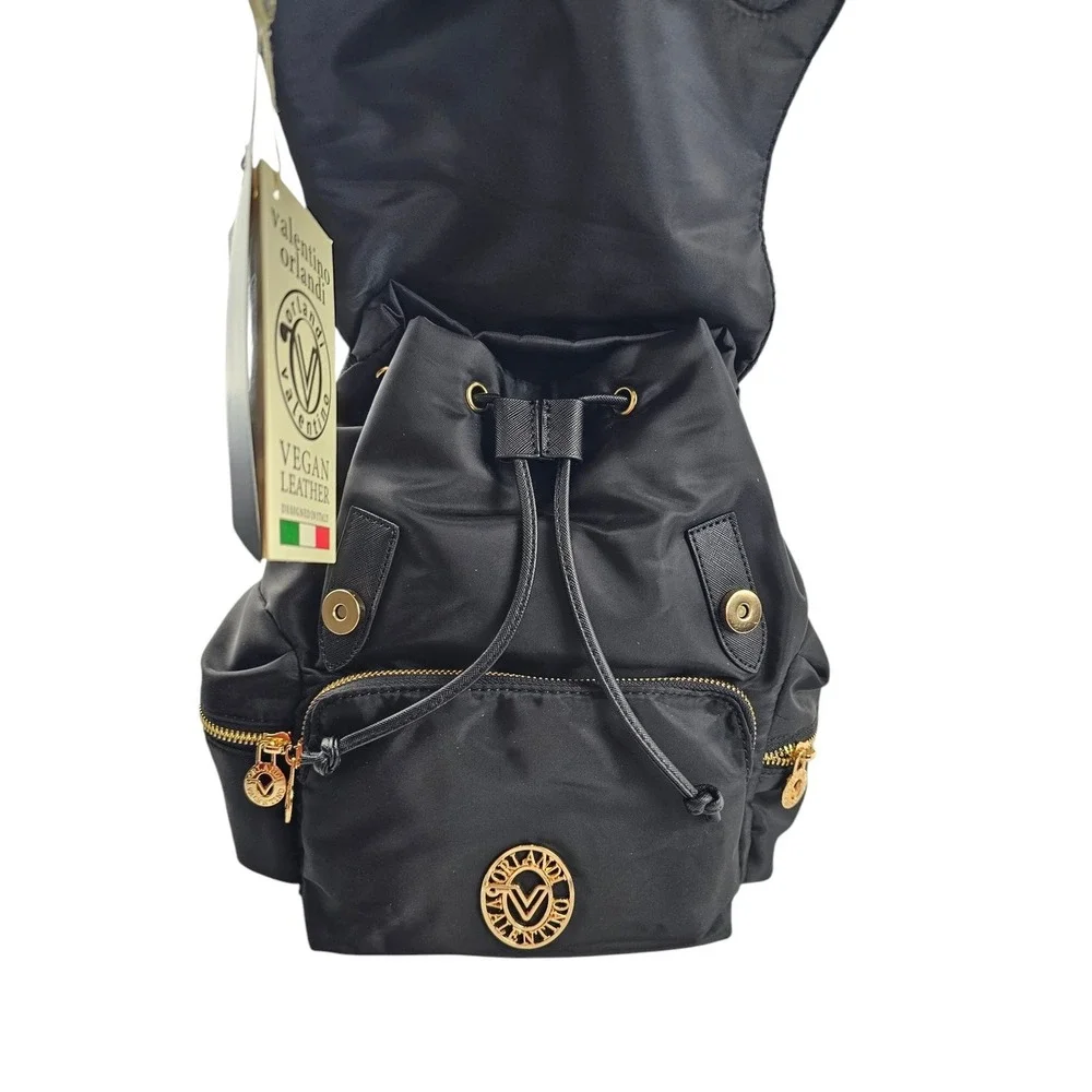 Valentino Orlandi Black Nylon Backpack Gold Logo Rucksack with Wallet NEW‎